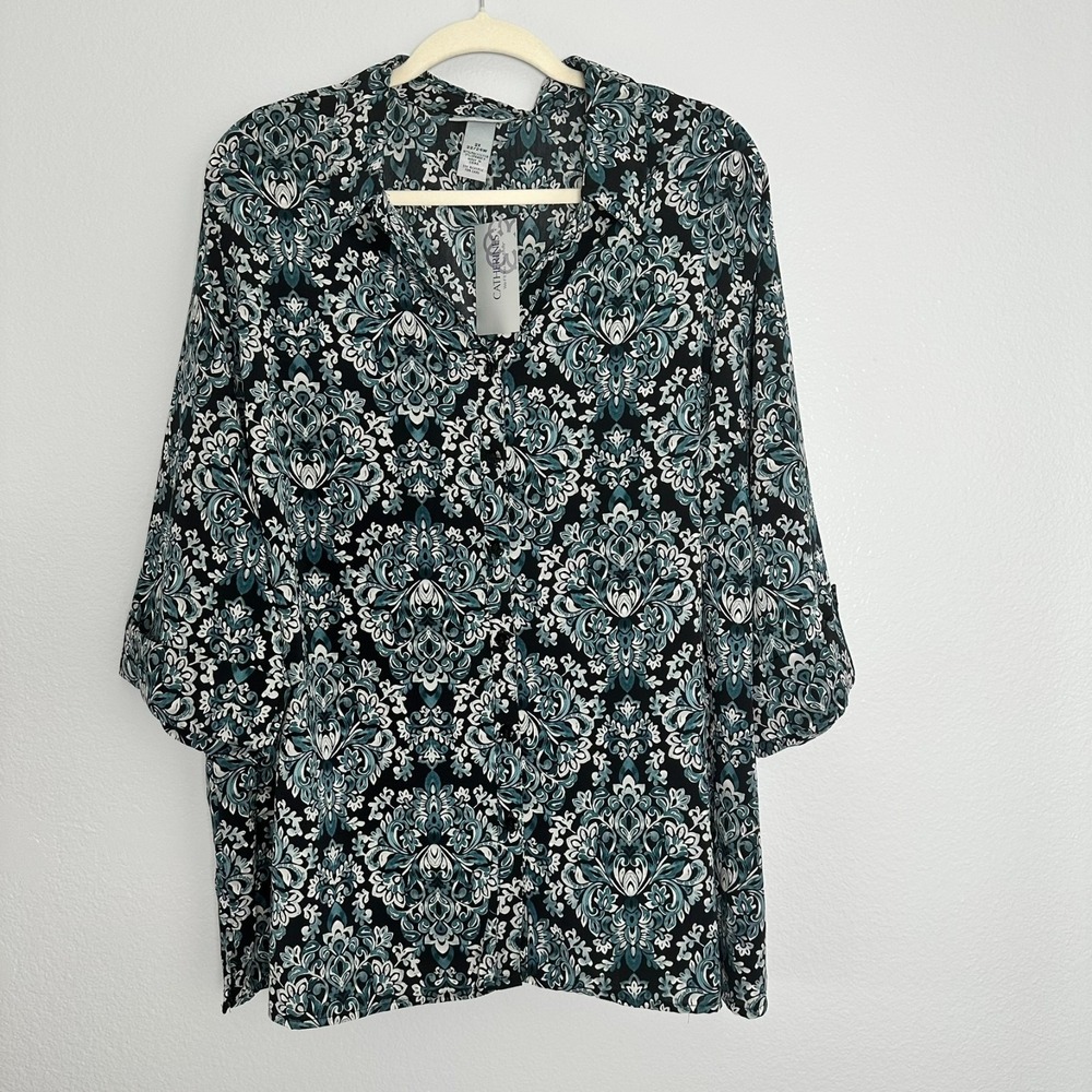 Catherines Size-2X Shirt Womens Blouse Paisley  Button Down 3/4‎ Sleeve
